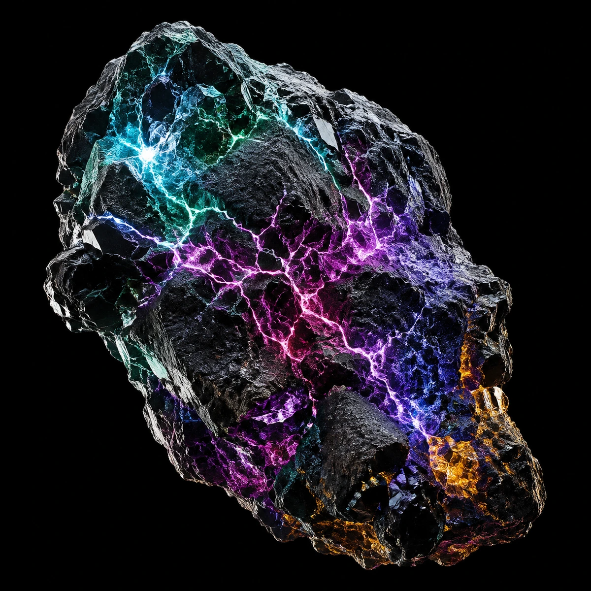 An excavated obsidian stone with luminous mineral veins